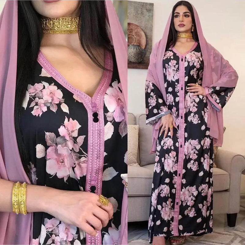 Ramadan India Muslim Dress Women Eid Floral Print Abaya Dubai Arabic Vestidos Moroccon Kaftan Islamic Clothing Gown Robe M S3201088