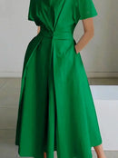 High Waisted Loose Pleated Solid Color V-Neck Midi Dresses XL 117781 - TUZZUT Qatar Online Shopping