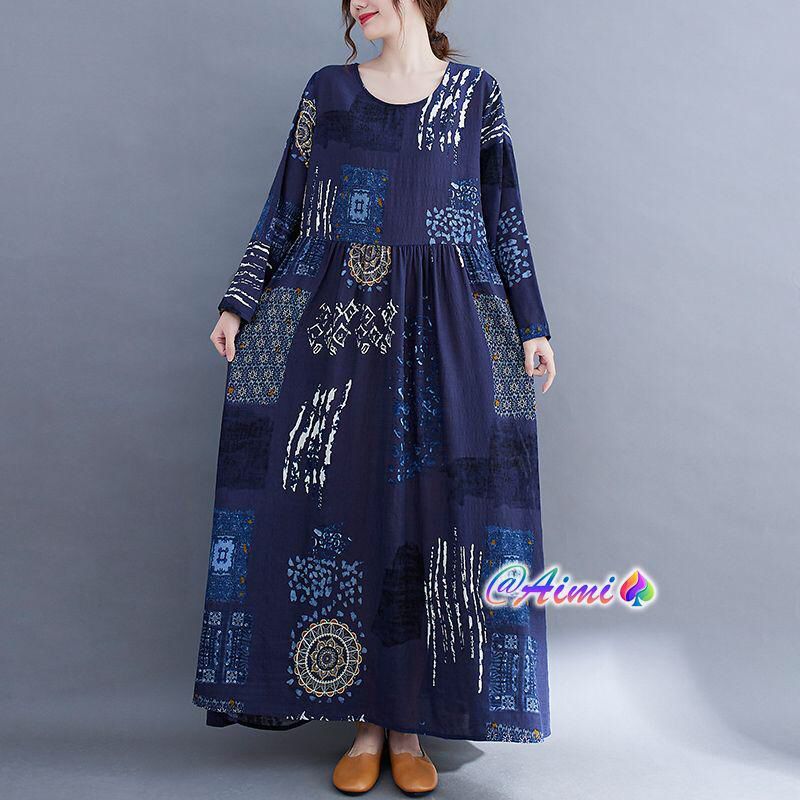Very popular autumn print dress loose slimming round neck maxi length X3737339 Very popular autumn print dress loose slimming round neck maxi length X3737339