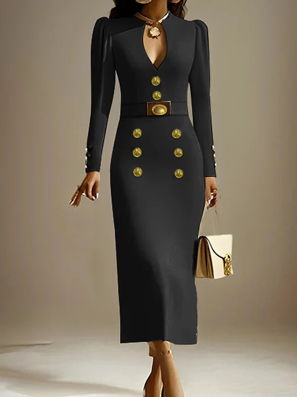 Long Sleeves Puff Sleeves Buttoned Deep V-Neck Midi Dresses 175780 Long Sleeves Puff Sleeves Buttoned Deep V-Neck Midi Dresses 175780