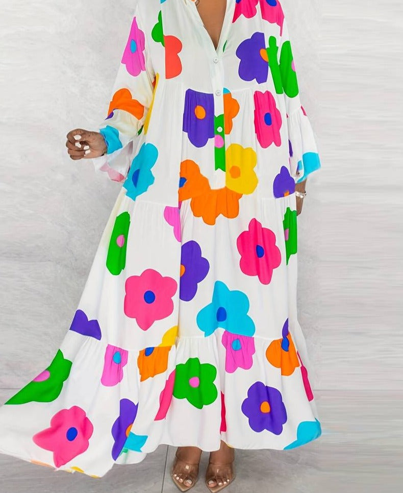Floral Print Tiered Casual Button Front Long Sleeve Dress B-103329 - Tuzzut.com Qatar Online Shopping
