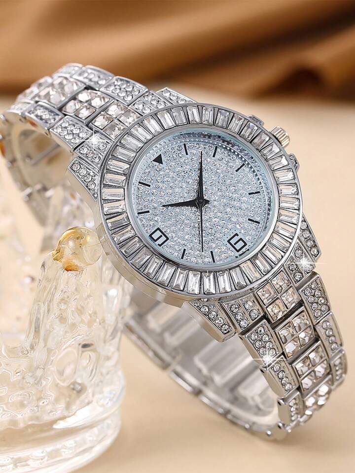 Women Silver Zinc Alloy Strap Glamorous Rhinestone Decor Round Dial Quartz Watch S4381052 - Tuzzut.com Qatar Online Shopping
