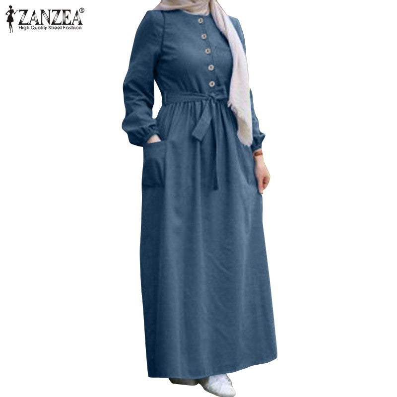 ZANZEA Women Casual Denim Elastic Cuffs Belted Muslim Long Dress S4515553 - Tuzzut.com Qatar Online Shopping