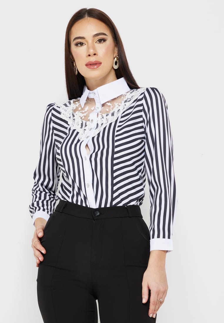 Lace Panel Striped Shirt S4636618 Lace Panel Striped Shirt S4636618