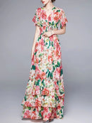 Women's Bohemian Floral Maxi Dress, Bohemian Flower Print, V Neck, Butterfly Sleeve, Elastic Waist, Cascading Ruffles, Long, Summer    X4465536 - TUZZUT Qatar Online Shopping
