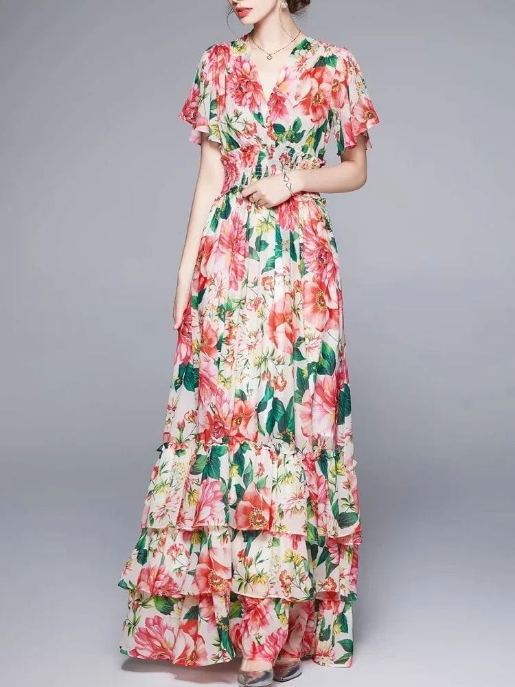 Women's Bohemian Floral Maxi Dress, Bohemian Flower Print, V Neck, Butterfly Sleeve, Elastic Waist, Cascading Ruffles, Long, Summer X4465536 Women's Bohemian Floral Maxi Dress, Bohemian Flower Print, V Neck, Butterfly Sleeve, Elastic Waist, Cascading Ruffles, Long, Summer X4465536