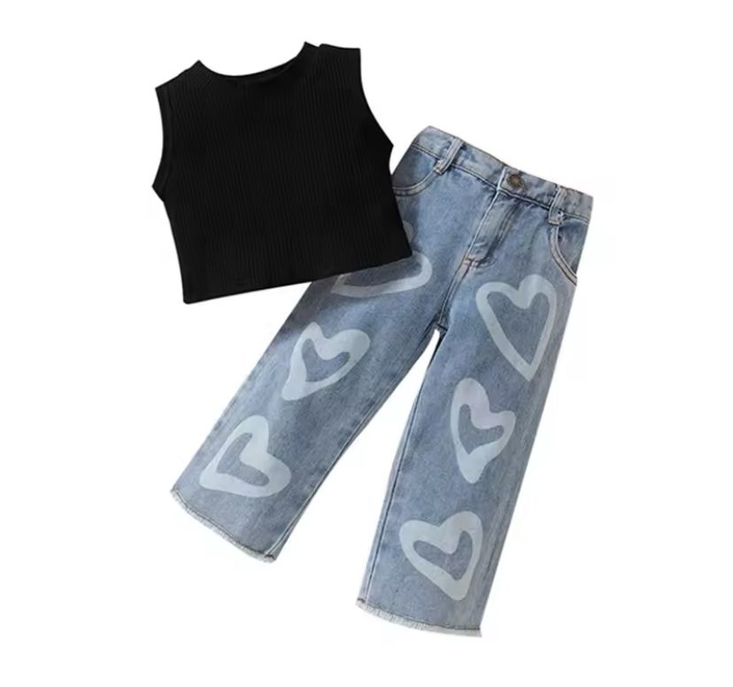 Girls Ribbed Top and Jeans Pants Set, Outfits 2 Pieces 400047 Girls Ribbed Top and Jeans Pants Set, Outfits 2 Pieces 400047