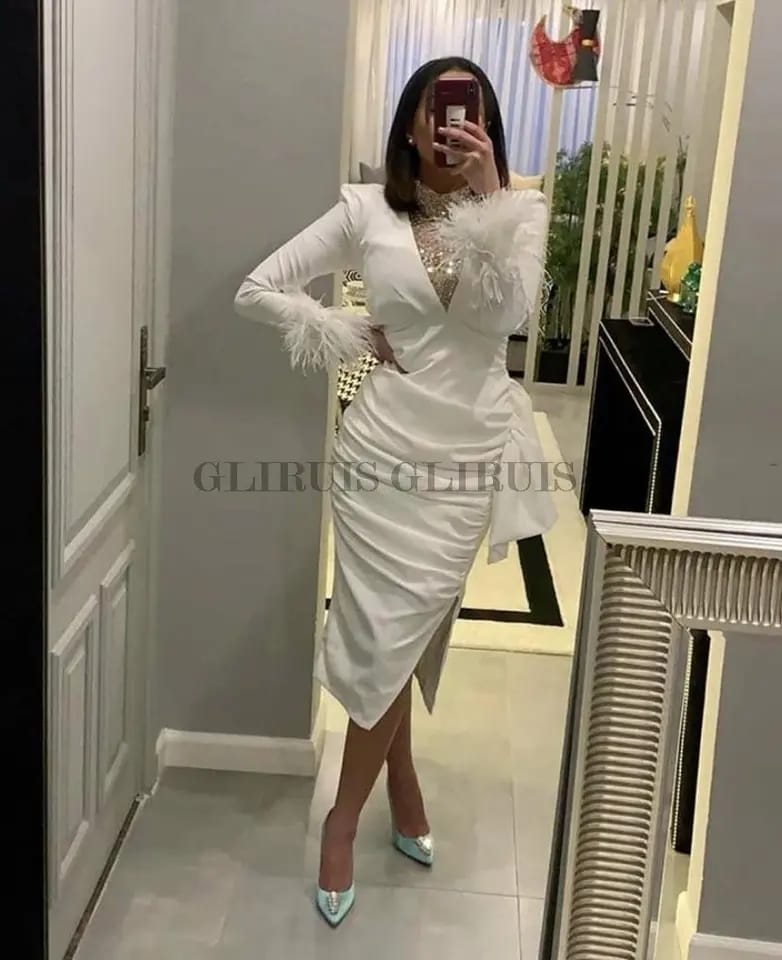 Amazing V-Neck Satin Evening Dresses Mermaid Prom Dress Side Split White Feathers Lace Beads Women Formal Party Gown robe femme 070452215