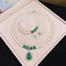 Green Chalcedony Pendant Pearl Necklace White Pearl Bracelet Set 128750