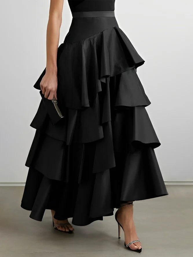 Stylish Selection A-Line High Waisted Falbala Solid Color Skirts Bottoms XL 112893
