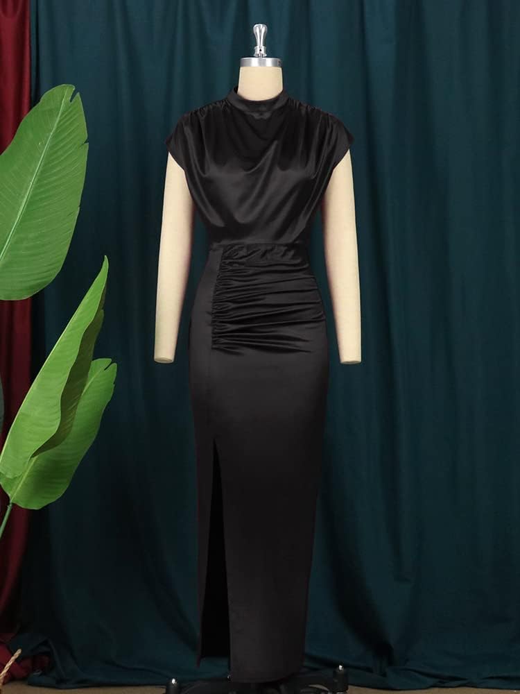 AOMEI Women's Sleeveless Pleated High Waist Ruched Slit Slim Elegant Long Satin Dress 4XL S4505931