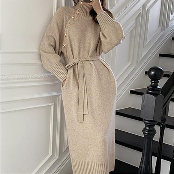 Turtleneck Sweater Dress Women Casual Loose Solid Buttons Pullover Belt Robe Femme Autumn Knitted Maxi Dress B890123 Turtleneck Sweater Dress Women Casual Loose Solid Buttons Pullover Belt Robe Femme Autumn Knitted Maxi Dress B890123