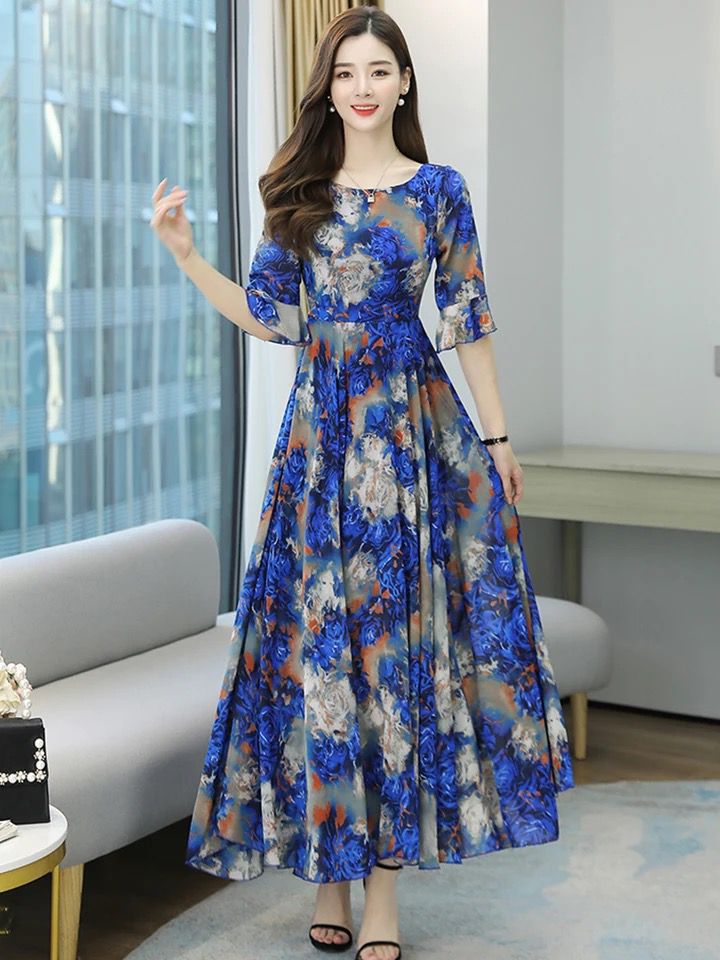 Chiffon Summer Elegant Beach Maxi Dress Blue Casual Floral Long Dresses For Women Party Tunics Prom Korean Fashion Evening 4XL S4033265