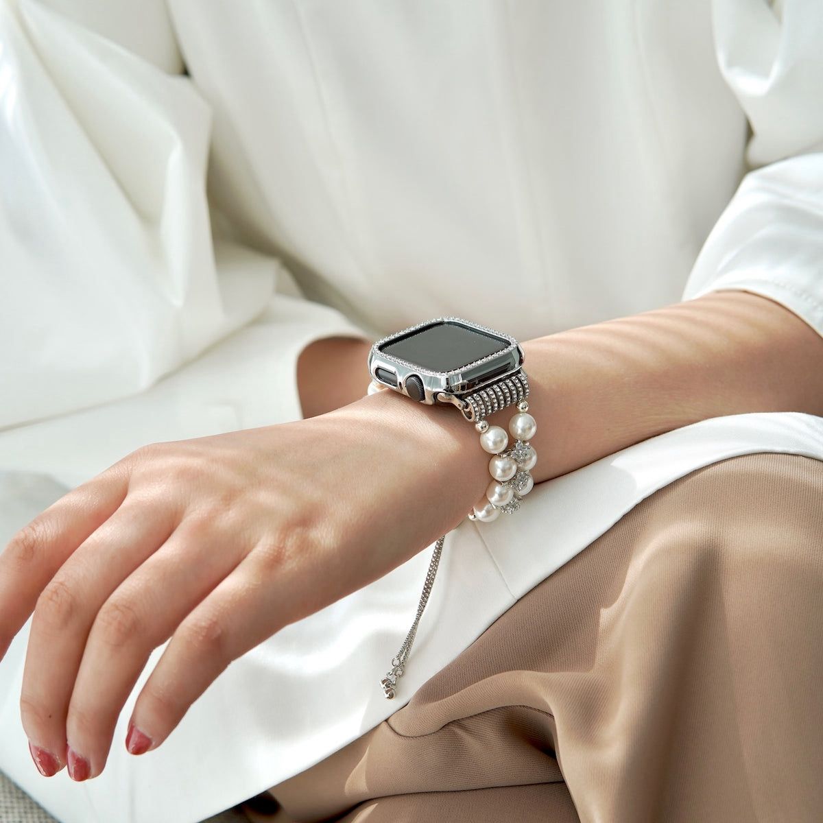 Stylish Double Row Pearl & Diamond Watch Strap For Women B-248448 Stylish Double Row Pearl & Diamond Watch Strap For Women B-248448