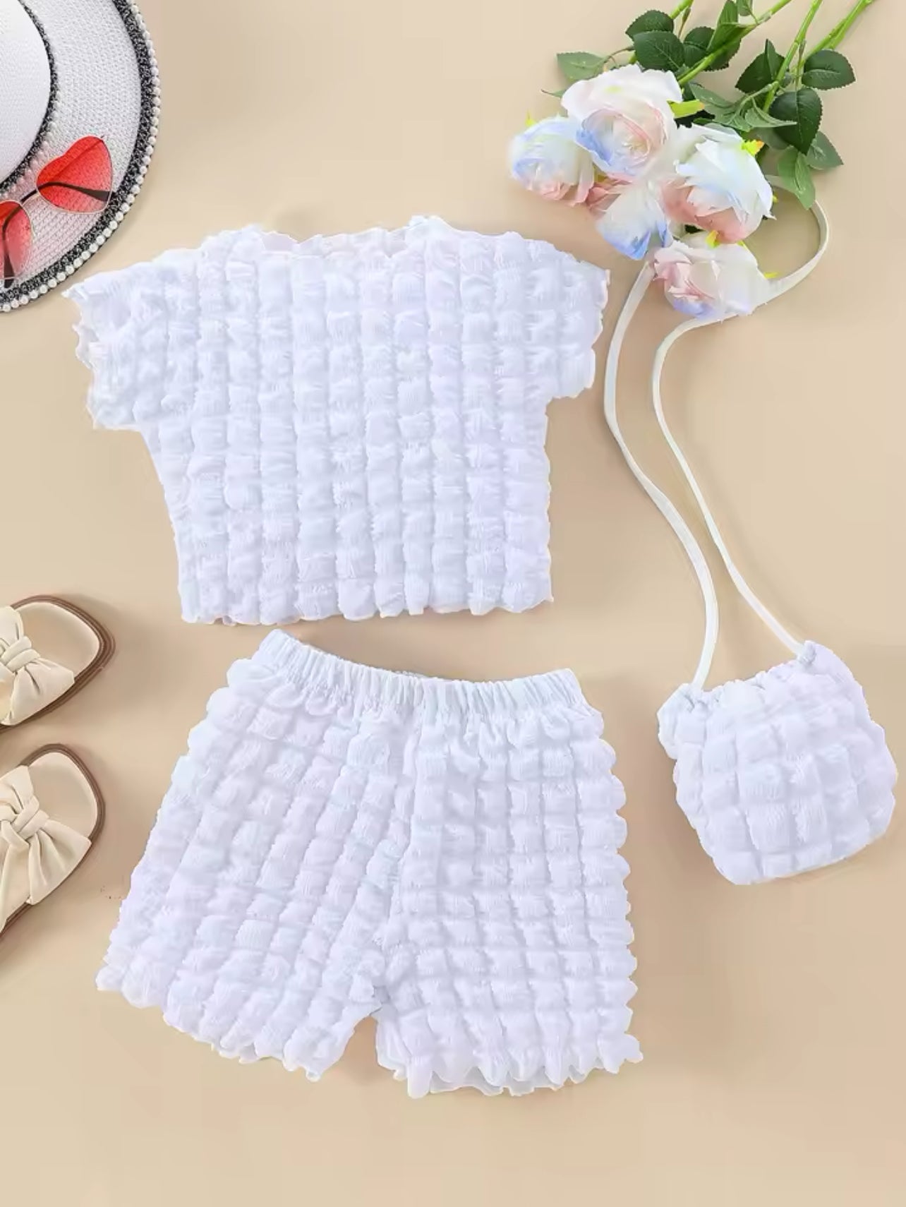 Style Comfortable Trendy Casual Bubble Cloth Pure Color 3PCS Short Sleeve + Shorts + Bag Set 549945 Style Comfortable Trendy Casual Bubble Cloth Pure Color 3PCS Short Sleeve + Shorts + Bag Set 549945