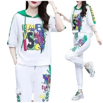Women's 2 Pcs Short Sleeve Graffiti T-shirt Sets 583100 M Women's 2 Pcs Short Sleeve Graffiti T-shirt Sets 583100 M