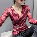 Women's Sexy V-Neck Long Sleeve Mesh Print T-Shirt, Versatile Base Layer, Smooth Your Silhouette   S4953221 - TUZZUT Qatar Online Shopping