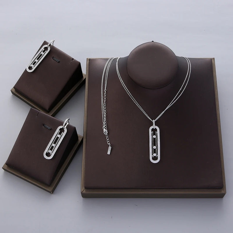 Luxury Geometry Double Long Chain Stackable Pendant Necklace Earring Set S4639234