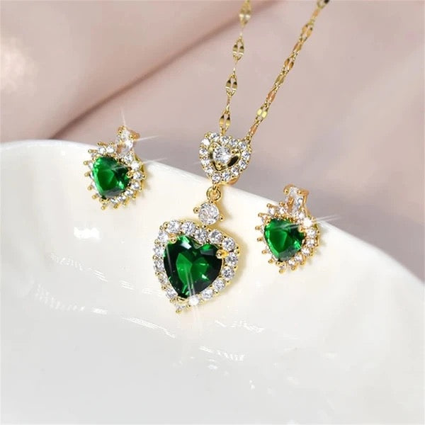 Green Heart-shaped Jewelry Set 2 Pieces B-218880