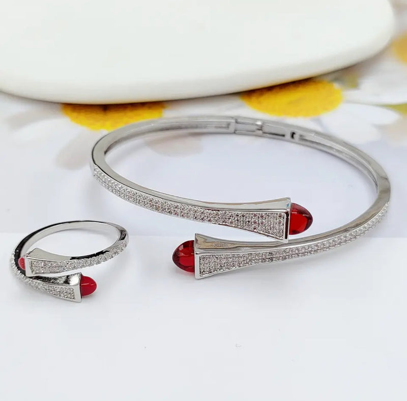 Women Fashion Bracelet & Ring Set Candy color stone Simple Open Cuff Bangle - Tuzzut.com Qatar Online Shopping