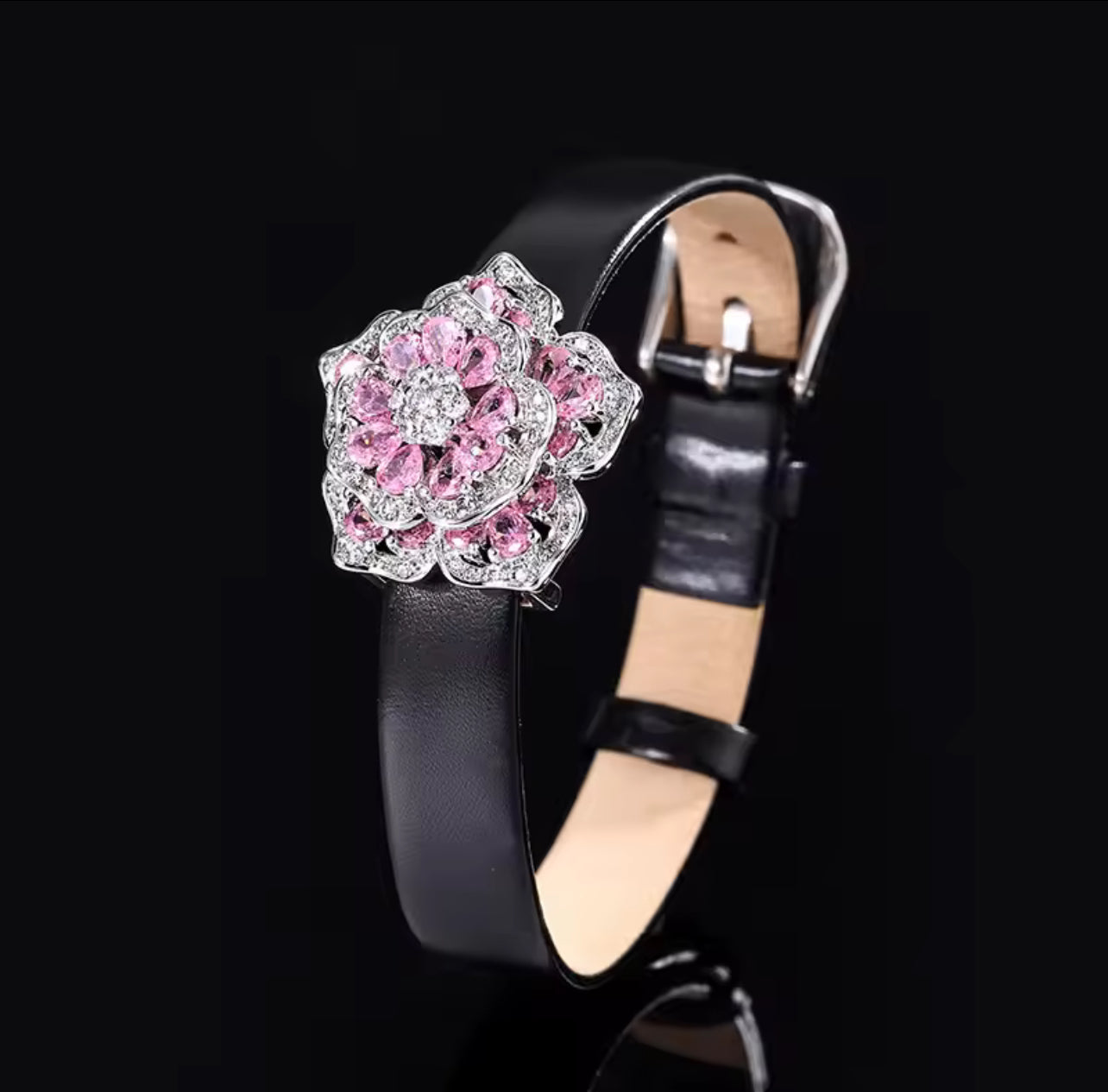 Inlaid Diamond Flower Belt Bracelet Pink Zircon Camellia Ring S4976227 Inlaid Diamond Flower Belt Bracelet Pink Zircon Camellia Ring S4976227