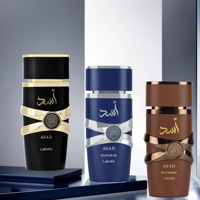 Asad, Asad Zanzibar & Asad Bourbon EDP Sprays 100ML By Lattafa | ASAD SIGNATURE TRIO - TUZZUT Qatar Online Shopping