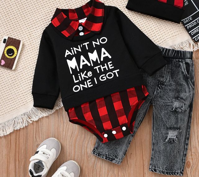 3-piece Baby Boy Letter Print Plaid Long-sleeve Romper, Ripped Denim Jeans and Cap Set 20190069