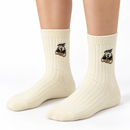 1Pair Women's Cream Ribbed Crew Socks with Bear Embroidery S5063107- Size 36 - 40