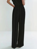 Urban Solid Color Pleats High Waisted Wide Leg Pants  104383 - TUZZUT Qatar Online Shopping