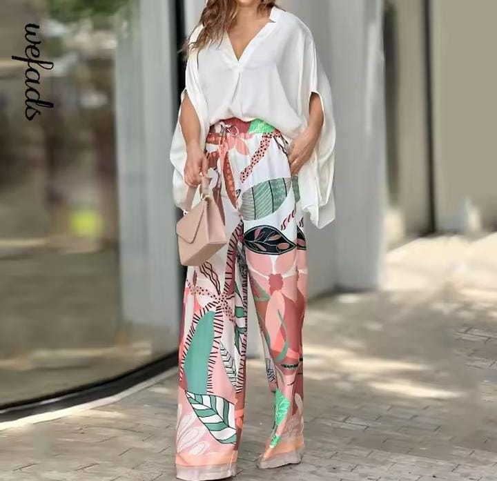 Two Piece Set Summer Casual Solid V Neck Batwing Sleeve Loose Top Wide Legs Printed Stretch Waist Pants Sets B275424 Two Piece Set Summer Casual Solid V Neck Batwing Sleeve Loose Top Wide Legs Printed Stretch Waist Pants Sets B275424