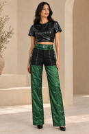 Women’s Black Twist-Front Crop Top & Green Belted Trouser Set-D13