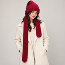 Berry Red Knitted Hat with Attached Scarf