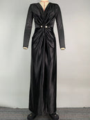 Bodycon Long Sleeves Pleated Split-Front Tied Waist Deep V-Neck Maxi Dresses 138058 - TUZZUT Qatar Online Shopping