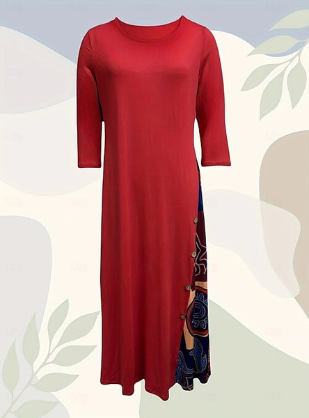 Women's Dress 3/4 Sleeve Patchwork Floral Print O-Neck