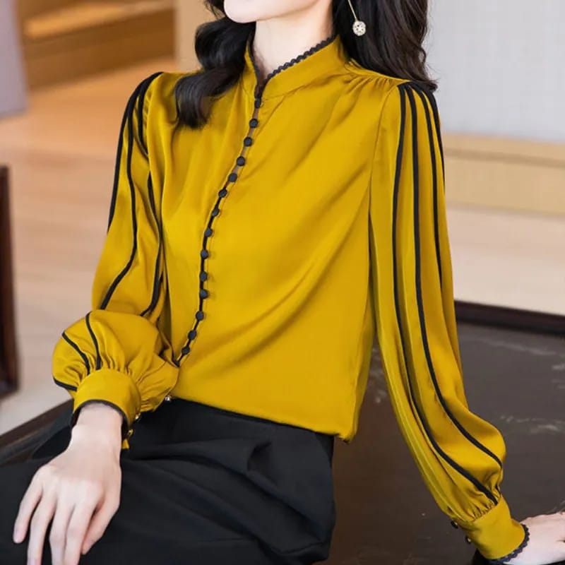 Yellow and Black Real Silk Shirt Spring Autumn Fashion Blouse Long Sleeve Round Neck Elegant Casual Korean Style Clothing 2XL S4853953 - Tuzzut.com Qatar Online Shopping