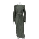 WomenLong Sleeve O Neck Lace Up Folds Evening Long Dress   B-375101 - TUZZUT Qatar Online Shopping