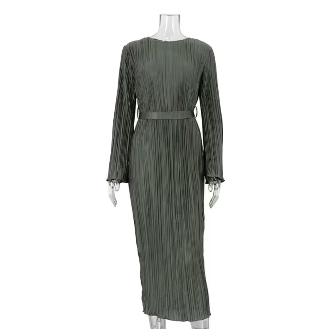 WomenLong Sleeve O Neck Lace Up Folds Evening Long Dress B-375101 WomenLong Sleeve O Neck Lace Up Folds Evening Long Dress B-375101