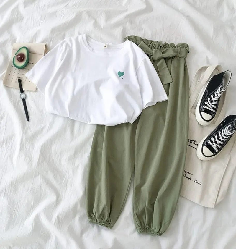 Summer New Famale Tracksuits Fashion CLothes Casual Loose White Top and Pant two piece set Women Students Girl Sweet Sportswear 2XL X532278 - Tuzzut.com Qatar Online Shopping