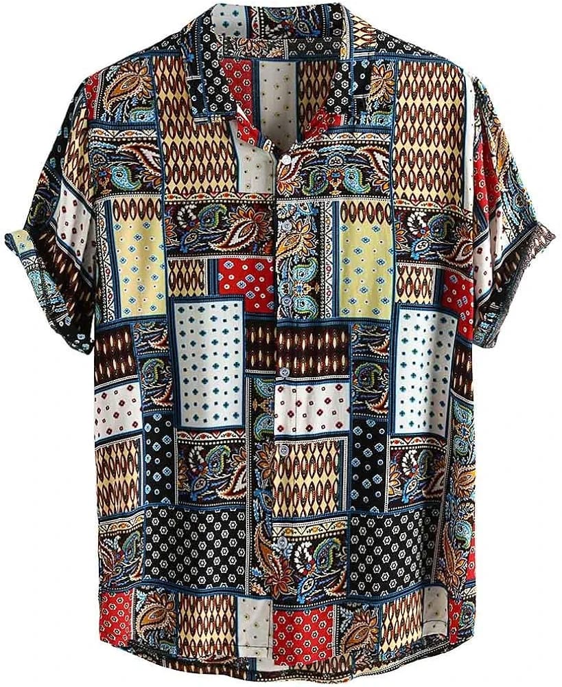 Shirts for Men Summer Vintage Ethnic Beach Short Sleeve Button Down Stand Collar Resort Casual Shirt S2429469