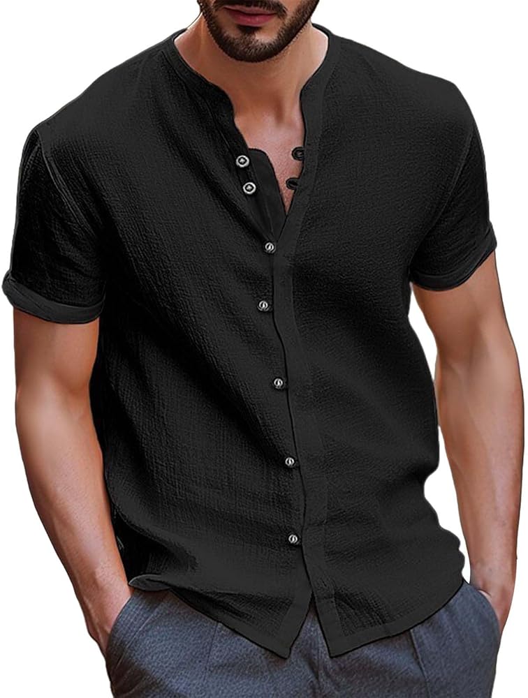 Men Linen Shirt Cotton Stand Neck Button Down Solid Color Muscle Short Sleeve Shirts Summer Holiday Fashion Top S287136 Men Linen Shirt Cotton Stand Neck Button Down Solid Color Muscle Short Sleeve Shirts Summer Holiday Fashion Top S287136