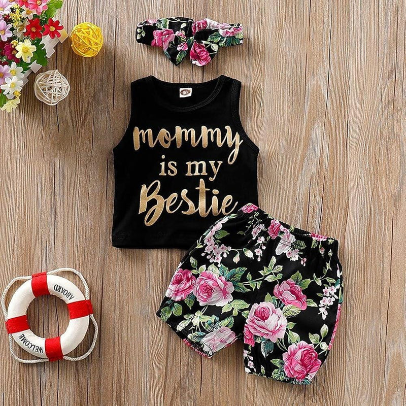 Baby Outfits Print Vest Shorts+Headbands Tops+Floral Outfit     621366 - TUZZUT Qatar Online Shopping