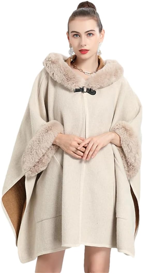 Women's Luxury Batwing Sleeve Faux Fur Hooded Cloak Poncho Sweater Cape 57459 Women's Luxury Batwing Sleeve Faux Fur Hooded Cloak Poncho Sweater Cape 57459
