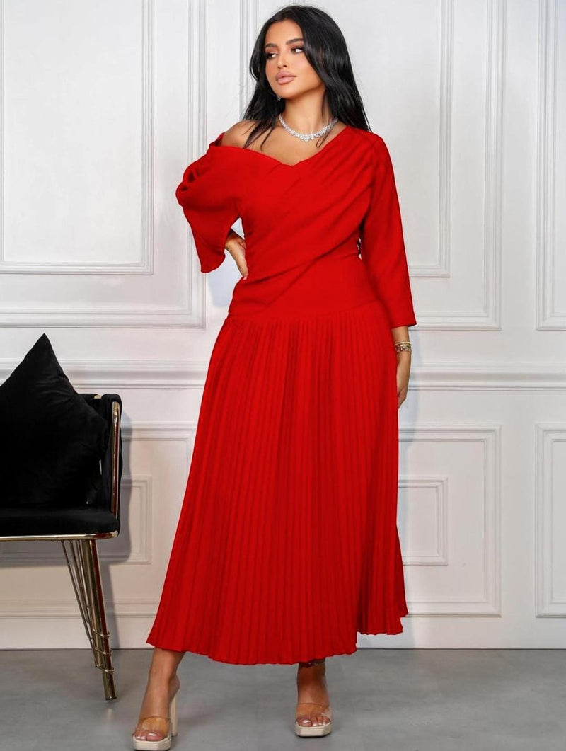 Red Elegant Off- Shoulder Neck Satin Dress M S4872781 - Tuzzut.com Qatar Online Shopping