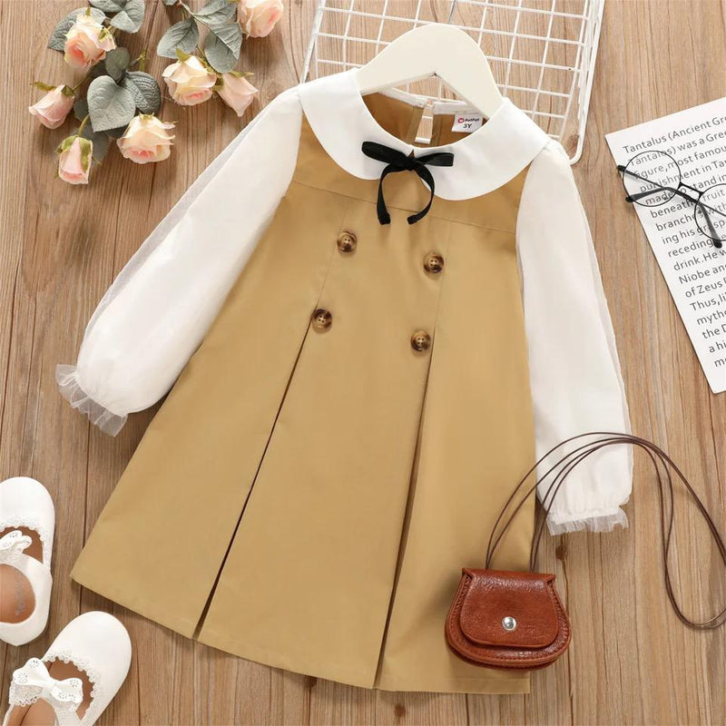 PatPat Toddler Girl Doll Collar Bowknot Design Mesh Long-sleeve Khaki Dress Years 20184633 - Tuzzut.com Qatar Online Shopping