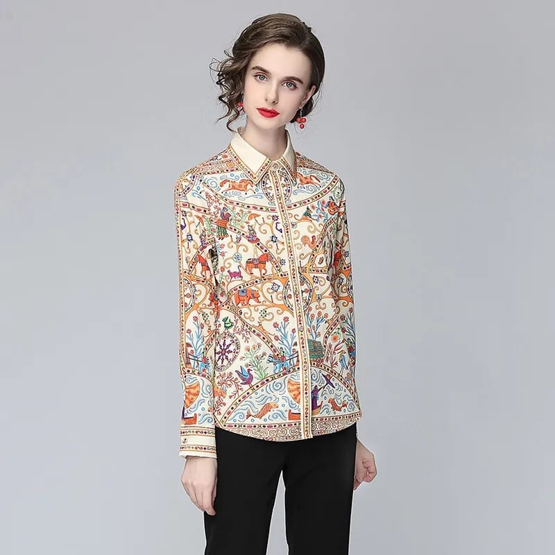 New Spring Women Runway Blouses Long Sleeve Elegant Turn-down Collar Vintage Office Shirts Plus Size Blusas Tops S1732246 - Tuzzut.com Qatar Online Shopping