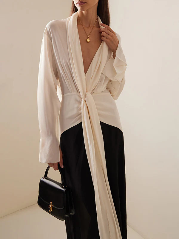 Long Sleeves Loose Contrast Color V-Neck Evening Dresses 140746 Long Sleeves Loose Contrast Color V-Neck Evening Dresses 140746