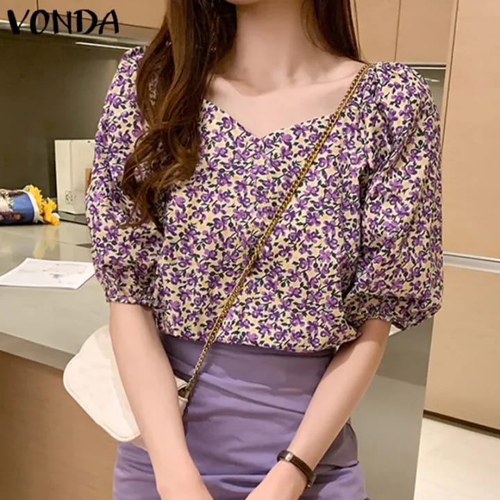 VONDA Women Floral Shirts Oversized Pullover Elegant Blouse Tops Puff Sleeve Tunic Tee S4567432 - Tuzzut.com Qatar Online Shopping