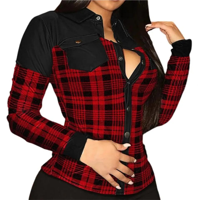 Women Shirt Plaid Printing Solid Color Slim Faux Leather Cool V Neck Blouse for Daily Wear S4411356