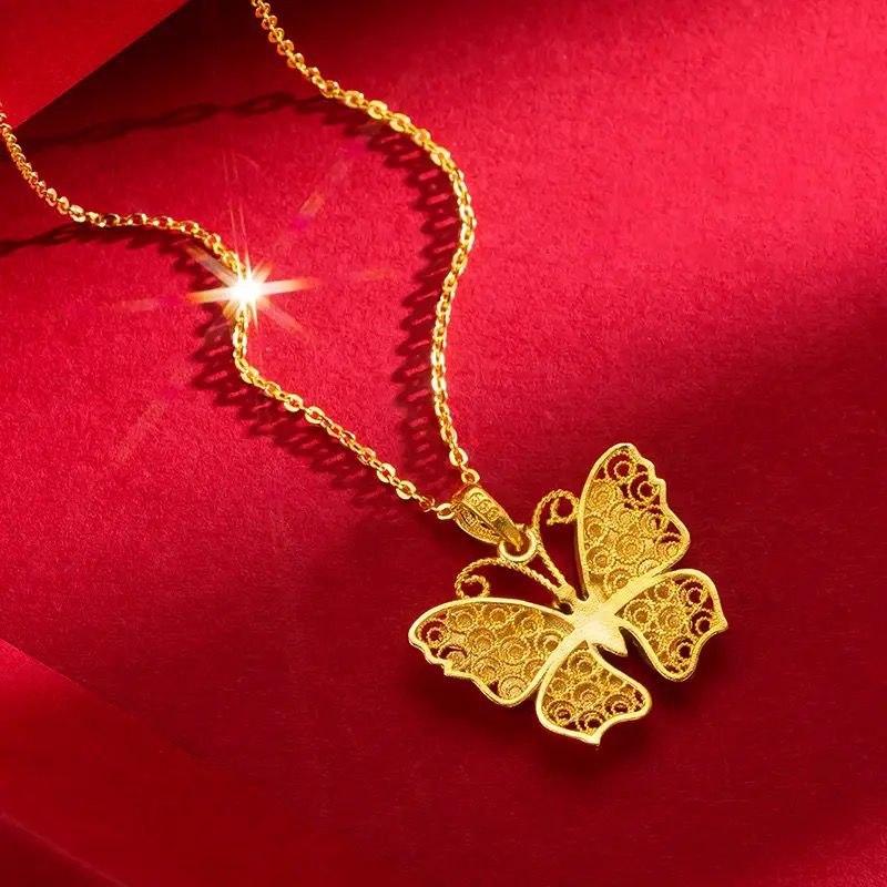 Yellow Gold Silk Butterfly Pendant Antique Golden Butterfly Necklace Model-05
