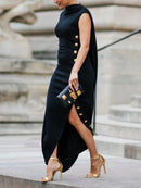 Loose Sleeveless Solid Color Split-side Shawl Collar Maxi Dresses 148613 - TUZZUT Qatar Online Shopping